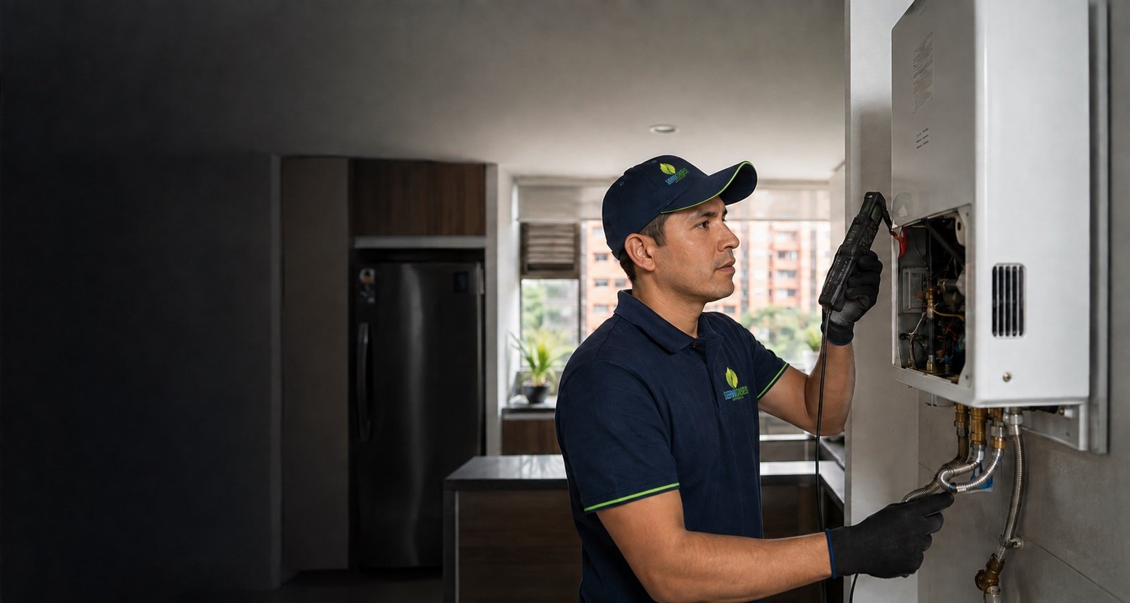 Técnico revisando un calentador a gas en una vivienda