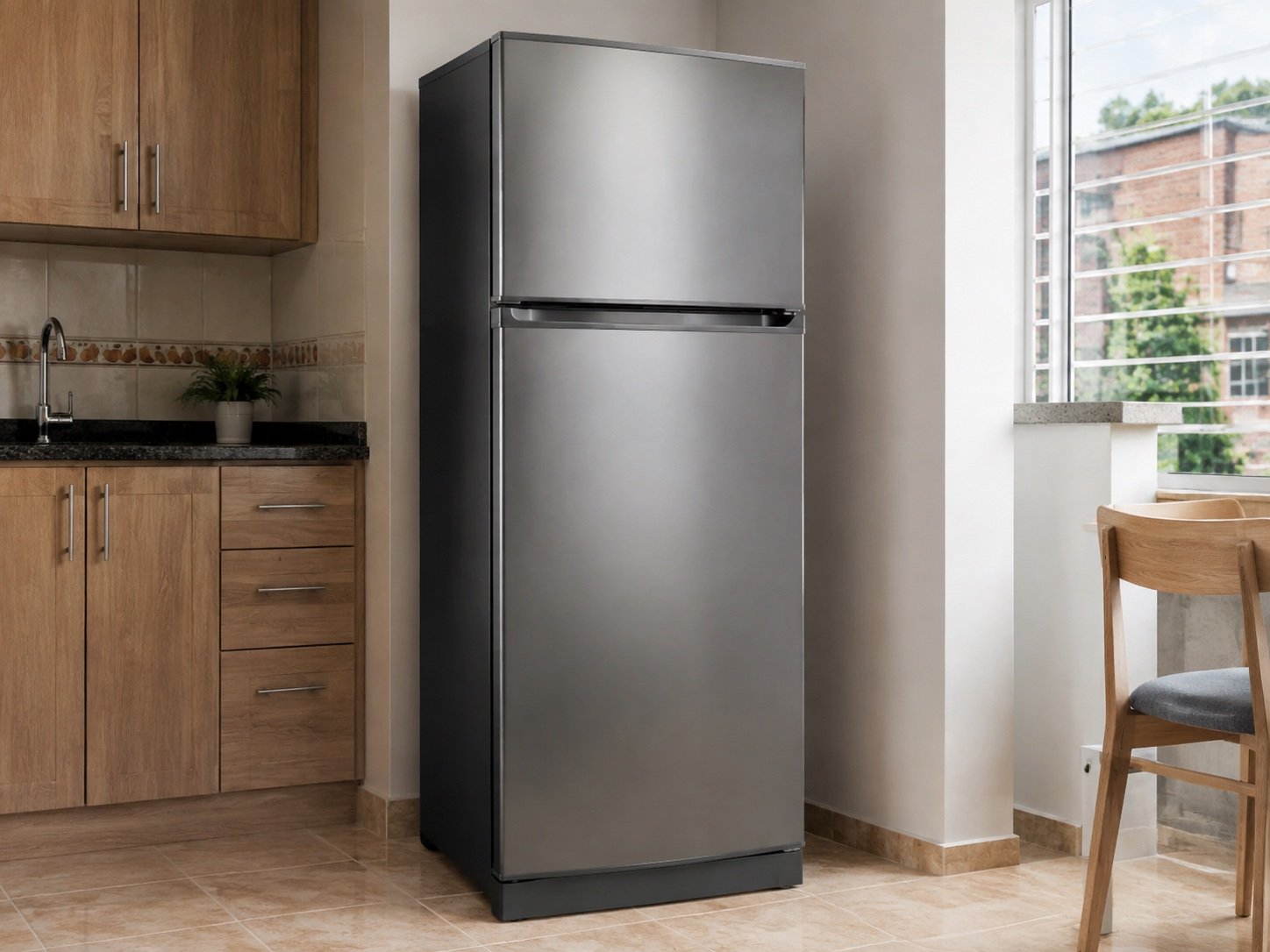 Nevera convencional con congelador superior en una cocina